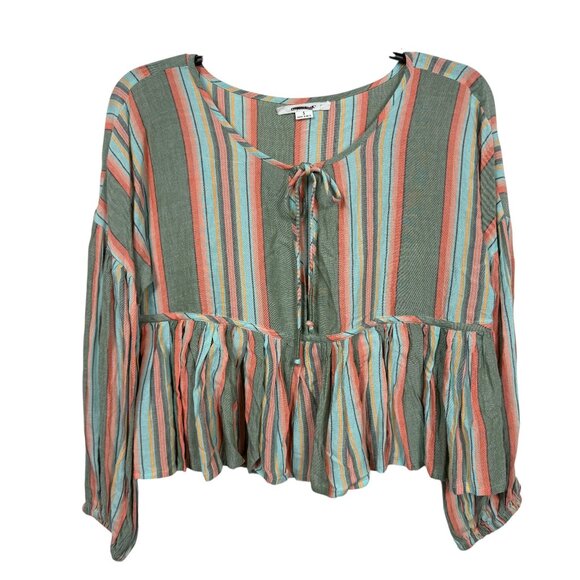 O'Neill Babydoll Top Blouse Small Green Orange Stripe Peplum - Picture 2 of 8